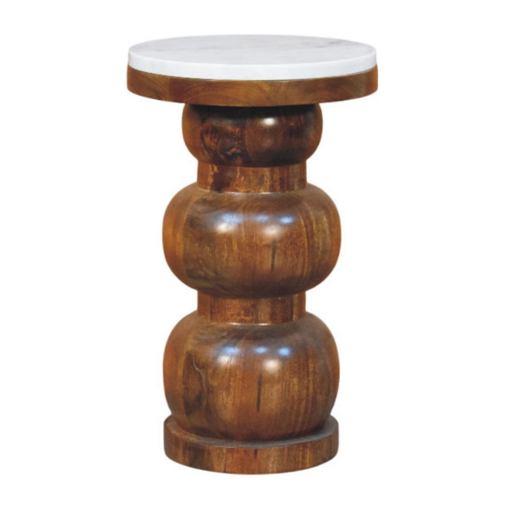 Bulla Marble Top Side Table | Solid Mango Wood | Natural Stone Surface | Sculptural Accent Table