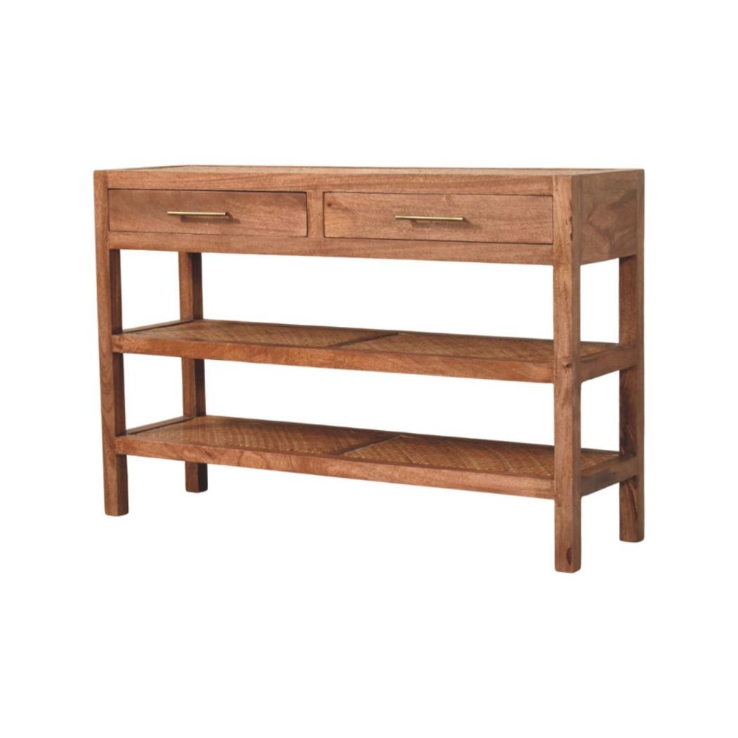 Saffron Rattan Console Table | Solid Mango Wood | Honey Caramel Finish | 2 Drawer Hallway Console with Rattan Shelves