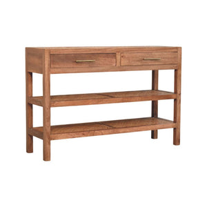 Saffron Rattan Console Table | Solid Mango Wood | Honey Caramel Finish | 2 Drawer Hallway Console with Rattan Shelves