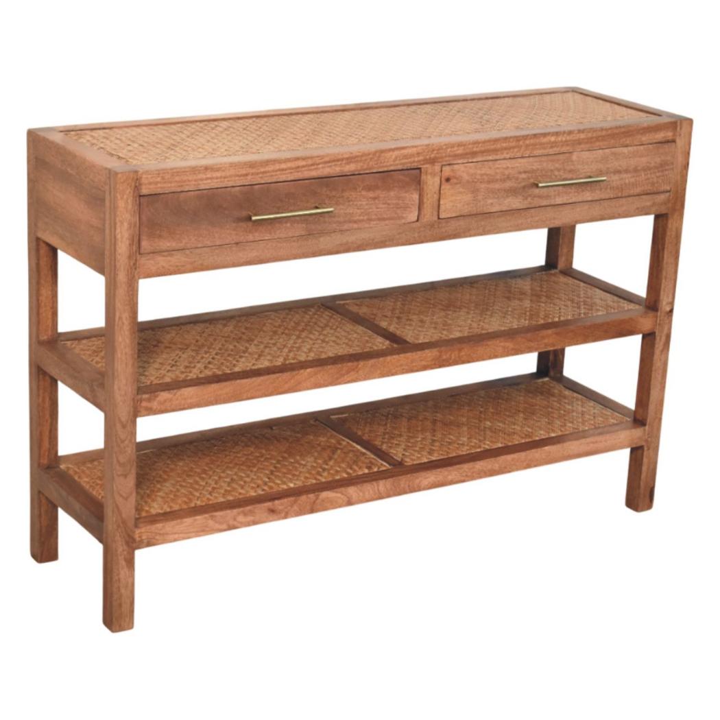 Saffron Rattan Console Table | Solid Mango Wood | Honey Caramel Finish | 2 Drawer Hallway Console with Rattan Shelves