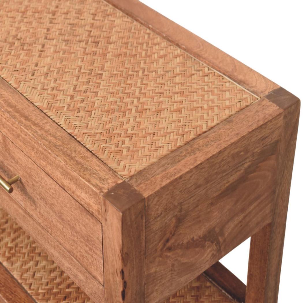 Saffron Rattan Console Table | Solid Mango Wood | Honey Caramel Finish | 2 Drawer Hallway Console with Rattan Shelves