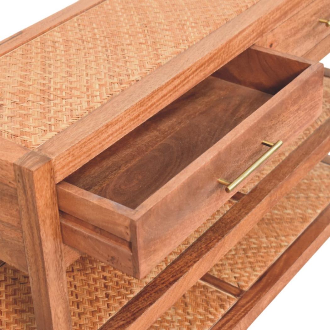 Saffron Rattan Console Table | Solid Mango Wood | Honey Caramel Finish | 2 Drawer Hallway Console with Rattan Shelves