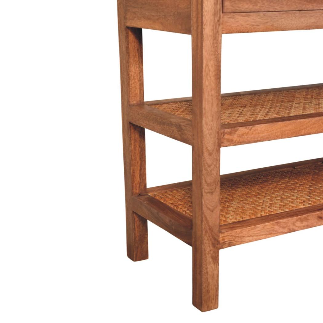 Saffron Rattan Console Table | Solid Mango Wood | Honey Caramel Finish | 2 Drawer Hallway Console with Rattan Shelves