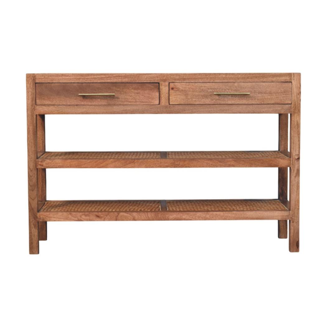 Saffron Rattan Console Table | Solid Mango Wood | Honey Caramel Finish | 2 Drawer Hallway Console with Rattan Shelves