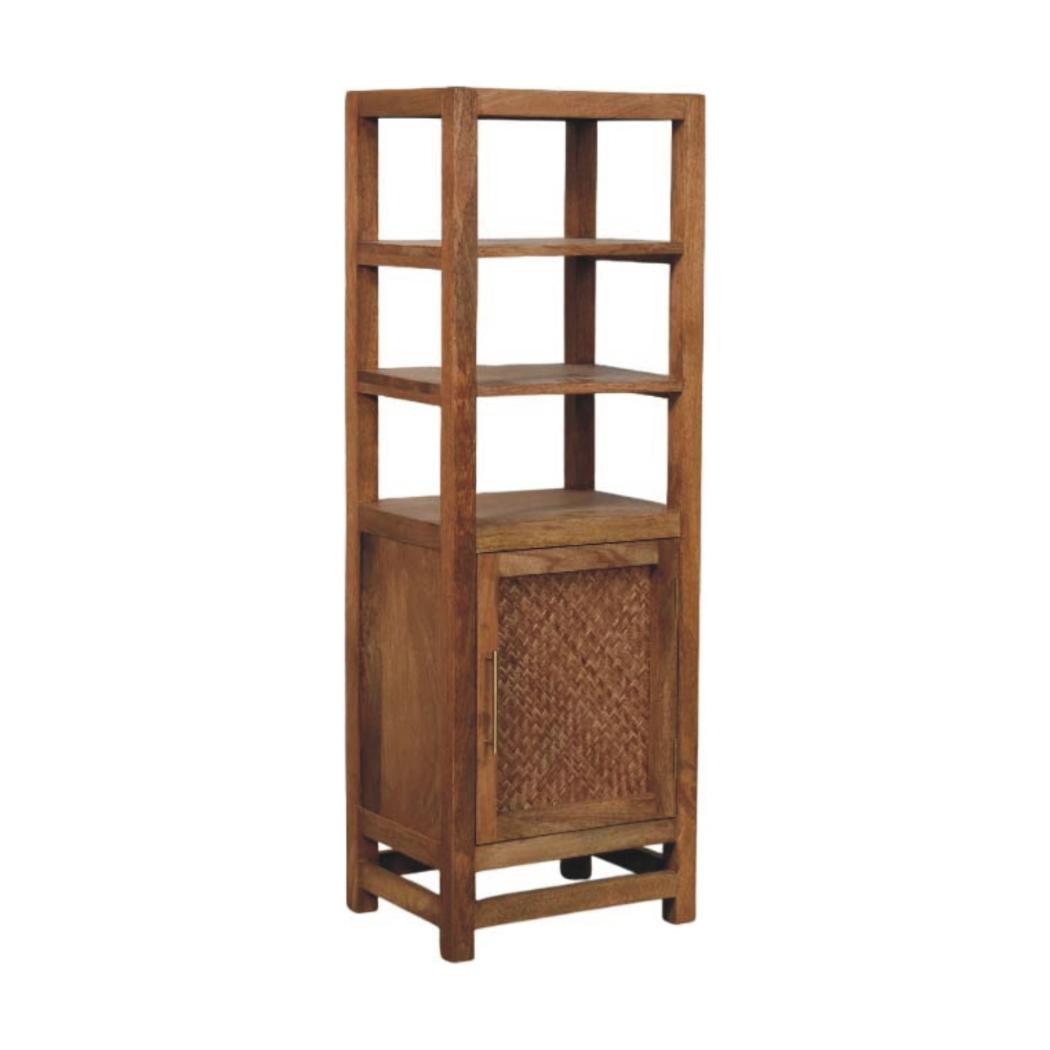 Saffron Rattan Tall Cabinet | Solid Mango Wood | Golden Teak Finish | Open Display Storage Cabinet