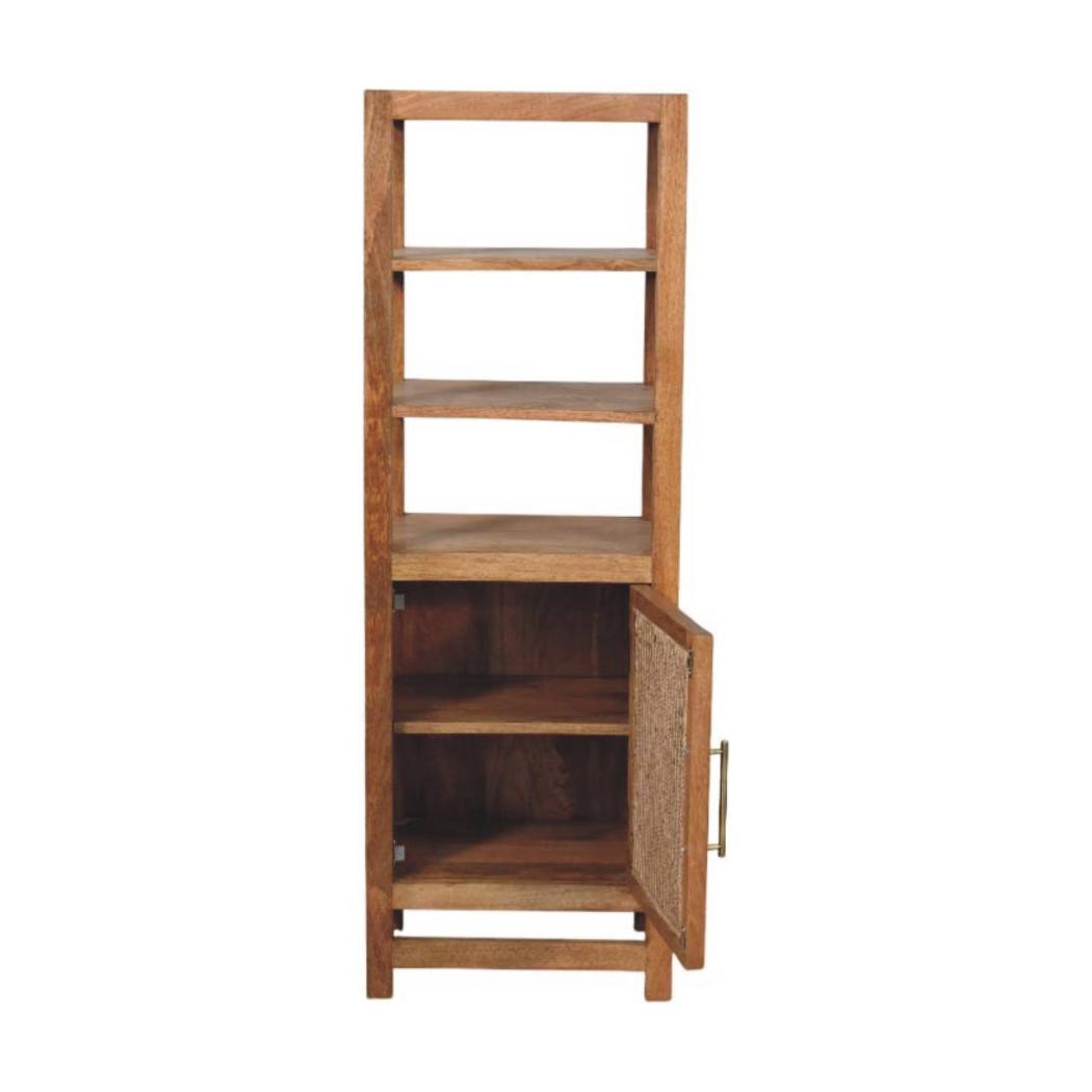 Saffron Rattan Tall Cabinet | Solid Mango Wood | Golden Teak Finish | Open Display Storage Cabinet