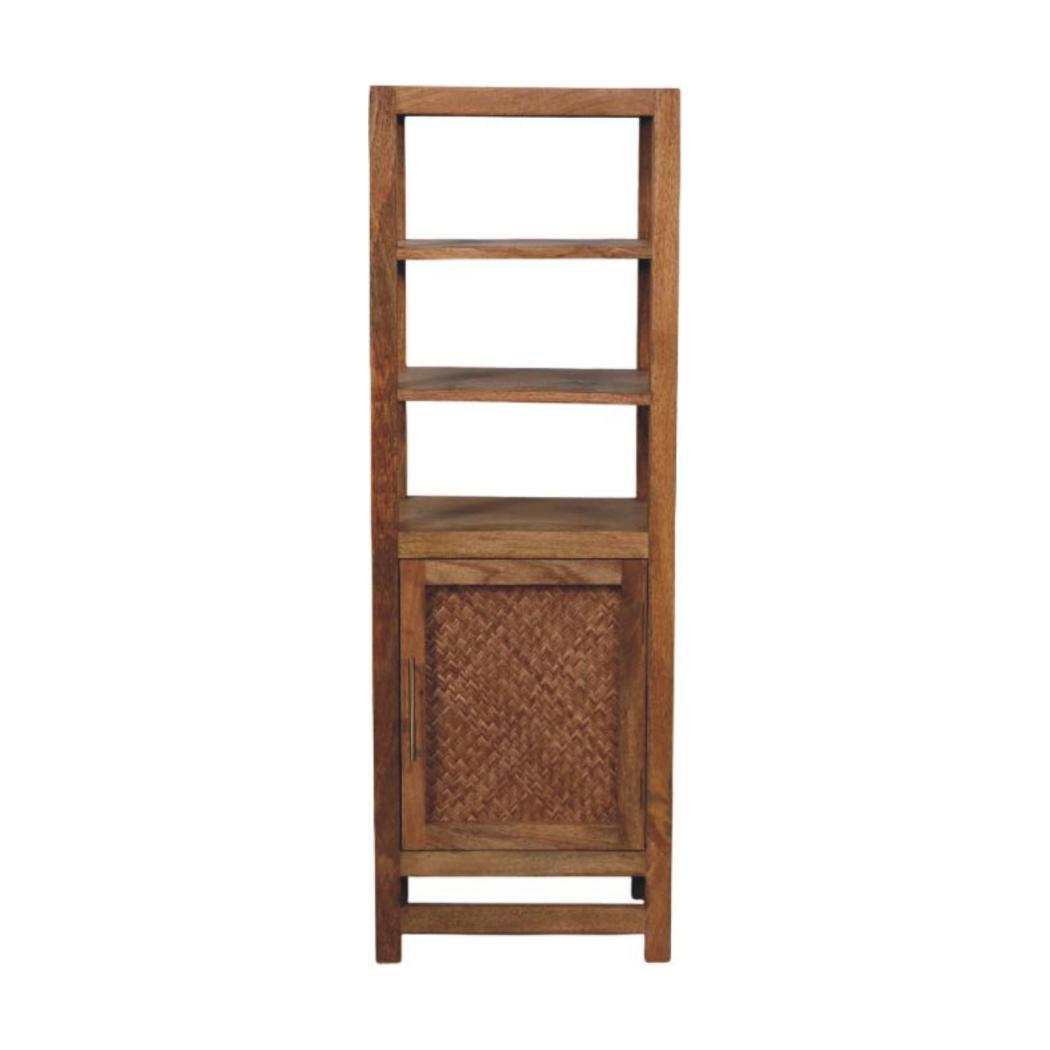 Saffron Rattan Tall Cabinet | Solid Mango Wood | Golden Teak Finish | Open Display Storage Cabinet