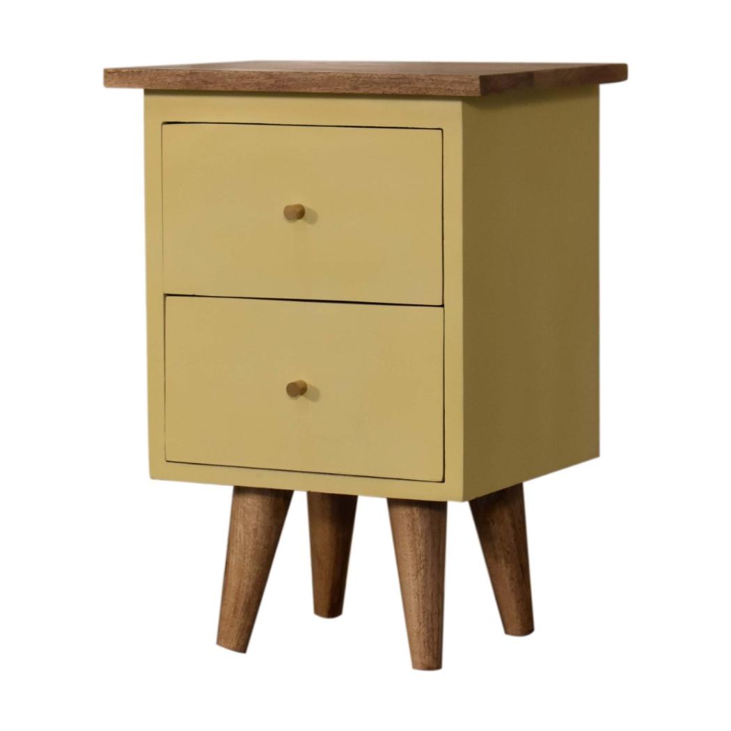 Saffron Yellow Bedside Table | Solid Mango Wood | Oak Top | 2 Drawers