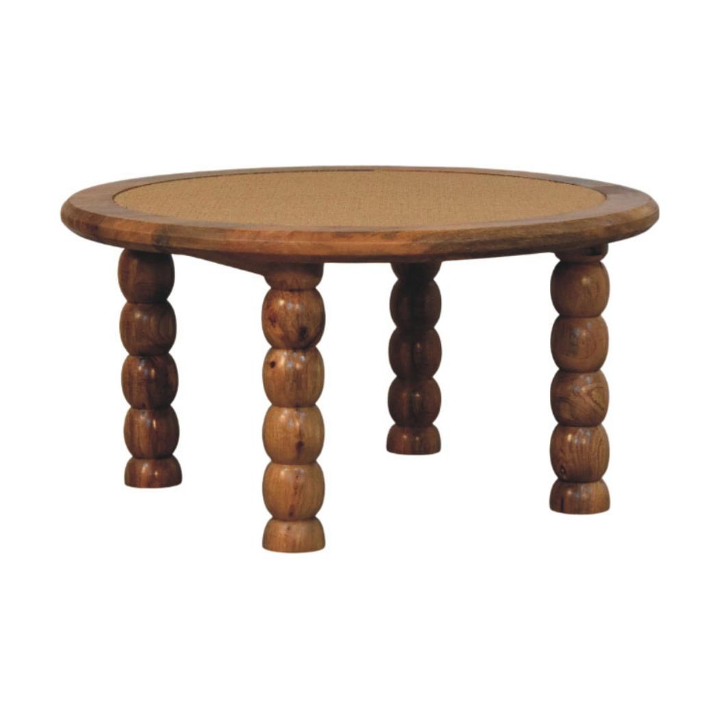 Sahara Round Spindle Coffee Table | Solid Mango Wood | Rattan Inlay | Oakish Finish