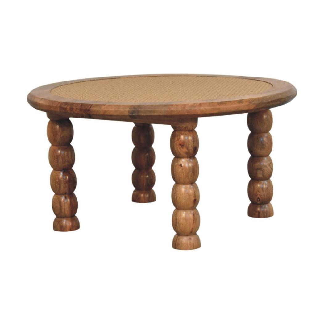 Sahara Round Spindle Coffee Table | Solid Mango Wood | Rattan Inlay | Oakish Finish