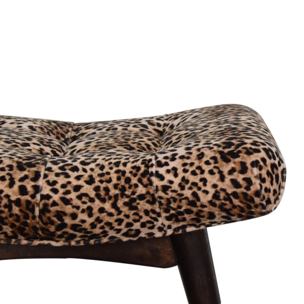 Savanna Curved Bench | Leopard Print Cotton Velvet | Mango Wood | Walnut Finish