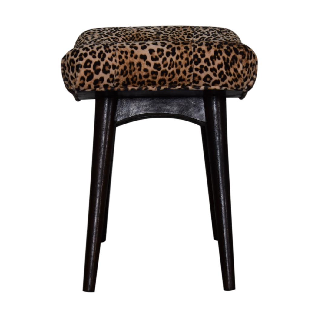 Savanna Curved Bench | Leopard Print Cotton Velvet | Mango Wood | Walnut Finish