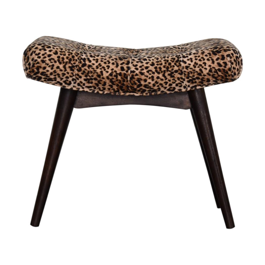 Savanna Curved Bench | Leopard Print Cotton Velvet | Mango Wood | Walnut Finish