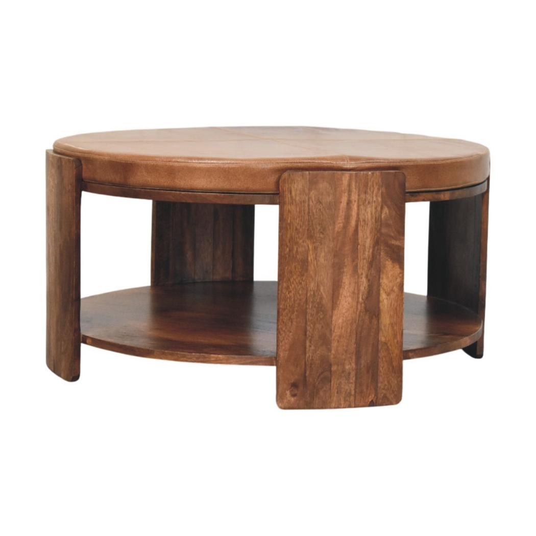 Savoy Leather Coffee Table | Solid Mango Wood | Brown Leather Top | Upholstered Centre Table