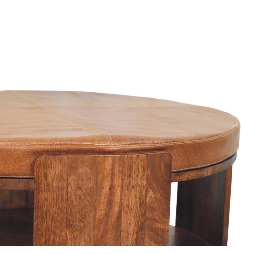 Savoy Leather Coffee Table | Solid Mango Wood | Brown Leather Top | Upholstered Centre Table