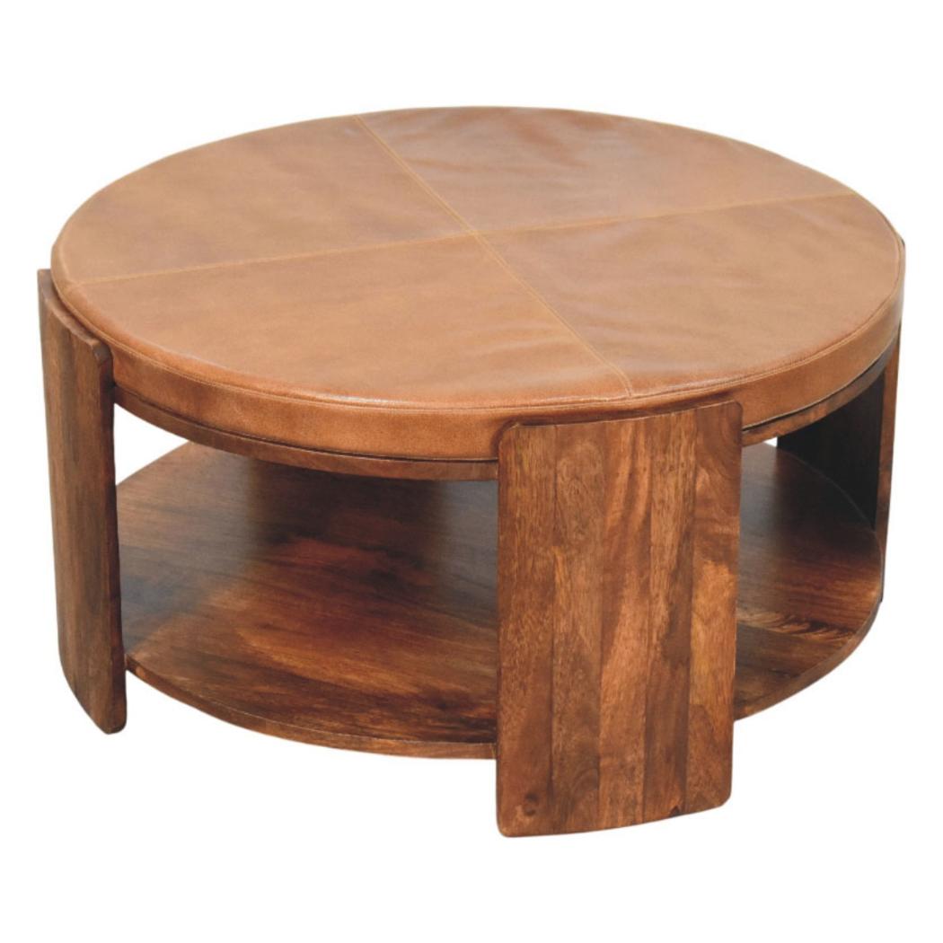Savoy Leather Coffee Table | Solid Mango Wood | Brown Leather Top | Upholstered Centre Table