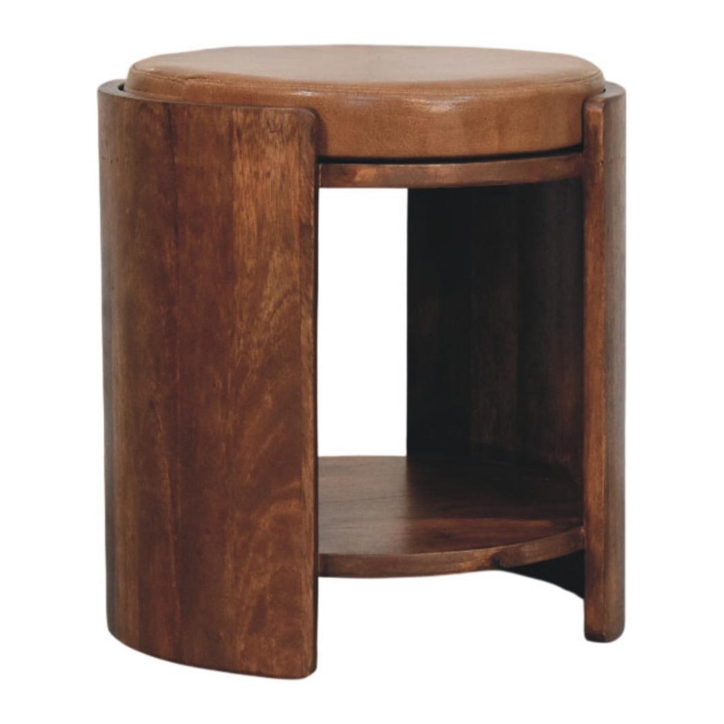 Savoy Leather Stool | Solid Mango Wood | Brown Leather Seat | Compact Accent Furniture