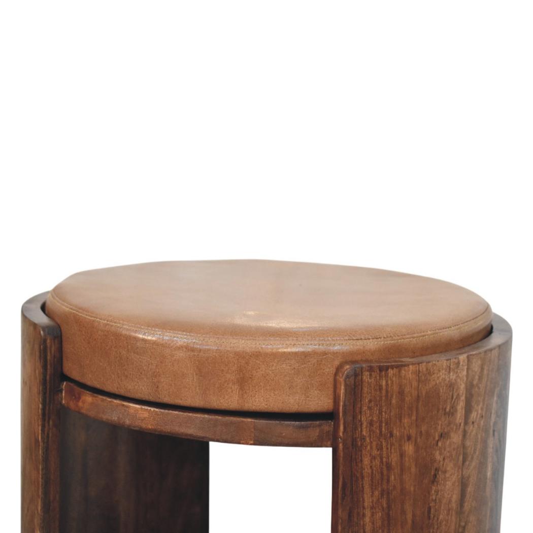 Savoy Leather Stool | Solid Mango Wood | Brown Leather Seat | Compact Accent Furniture