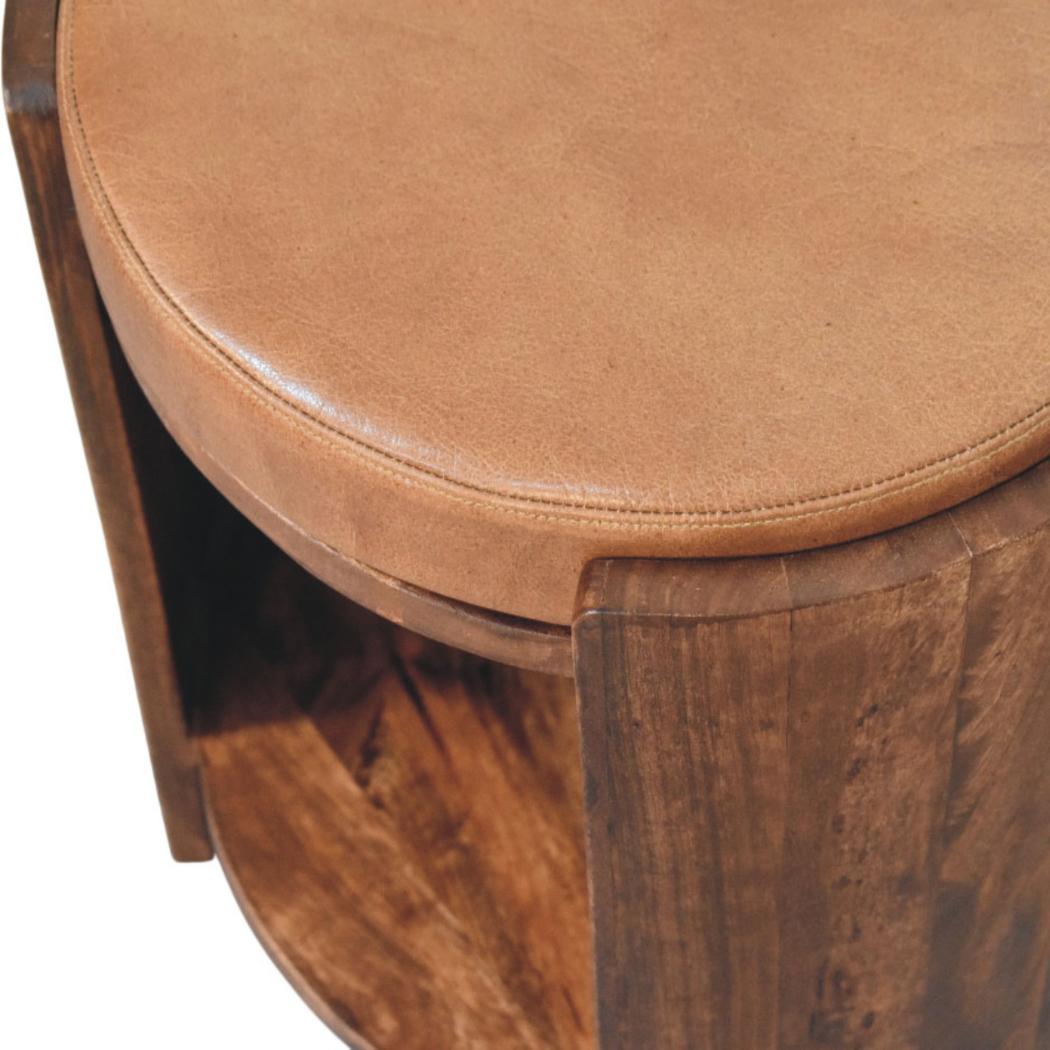 Savoy Leather Stool | Solid Mango Wood | Brown Leather Seat | Compact Accent Furniture