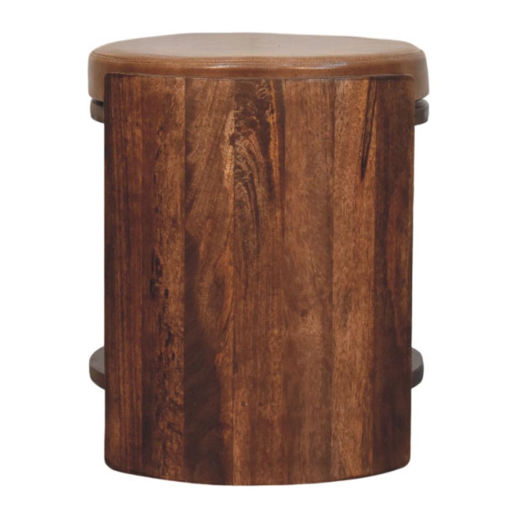 Savoy Leather Stool | Solid Mango Wood | Brown Leather Seat | Compact Accent Furniture