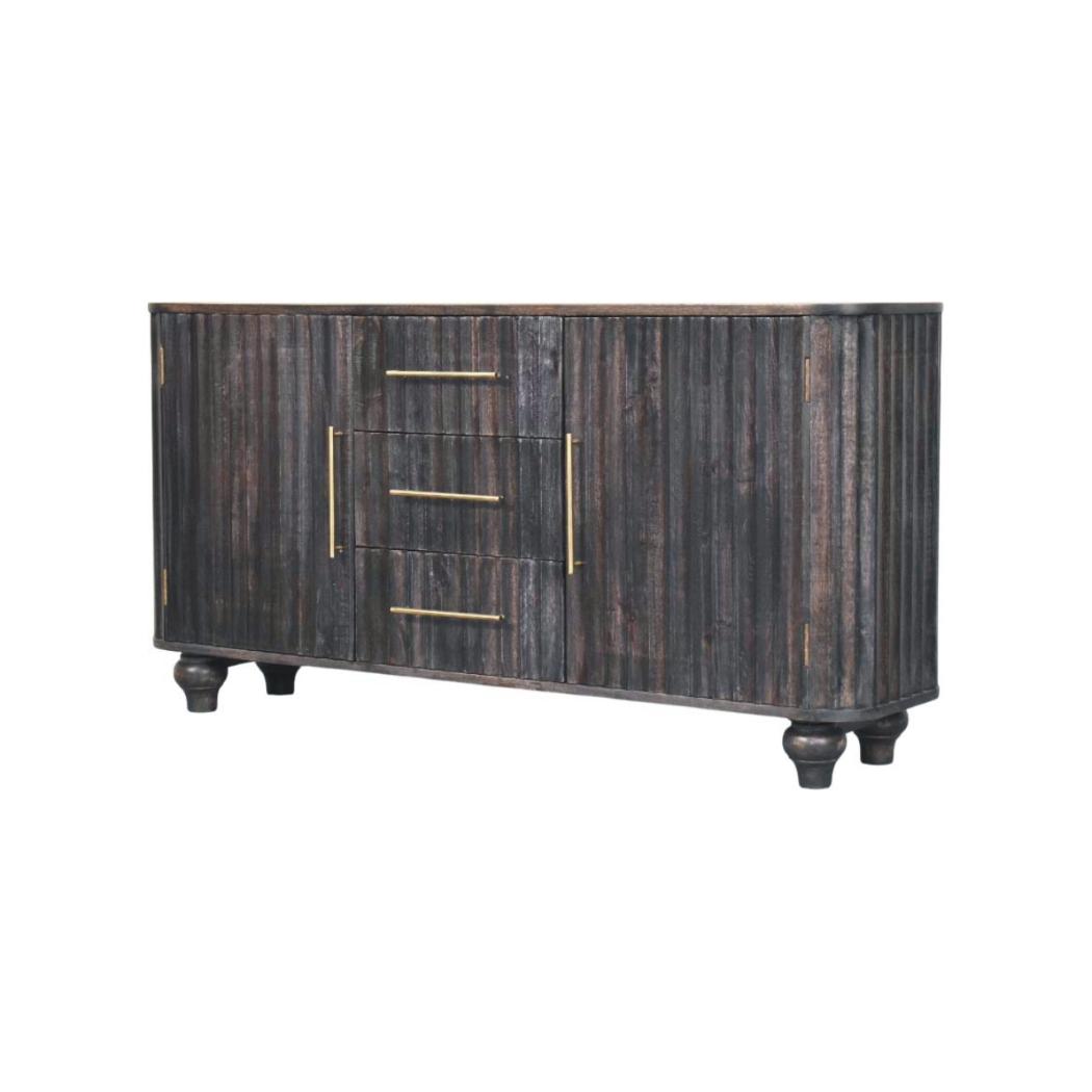 Savoy Sideboard | Solid Mango Wood | Carbon Ash Finish | 2 Door Buffet Cabinet with 3 Drawers