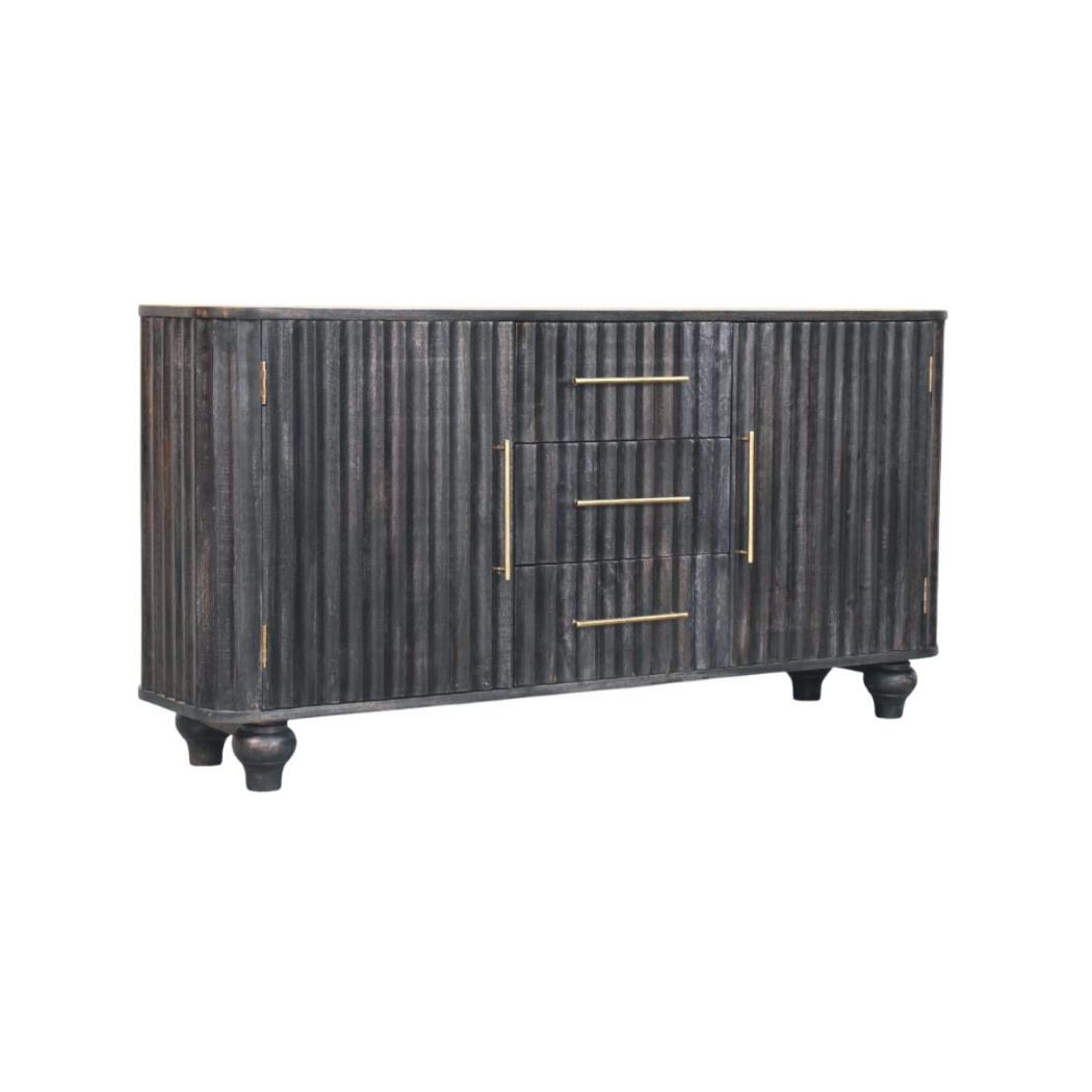 Savoy Sideboard | Solid Mango Wood | Carbon Ash Finish | 2 Door Buffet Cabinet with 3 Drawers