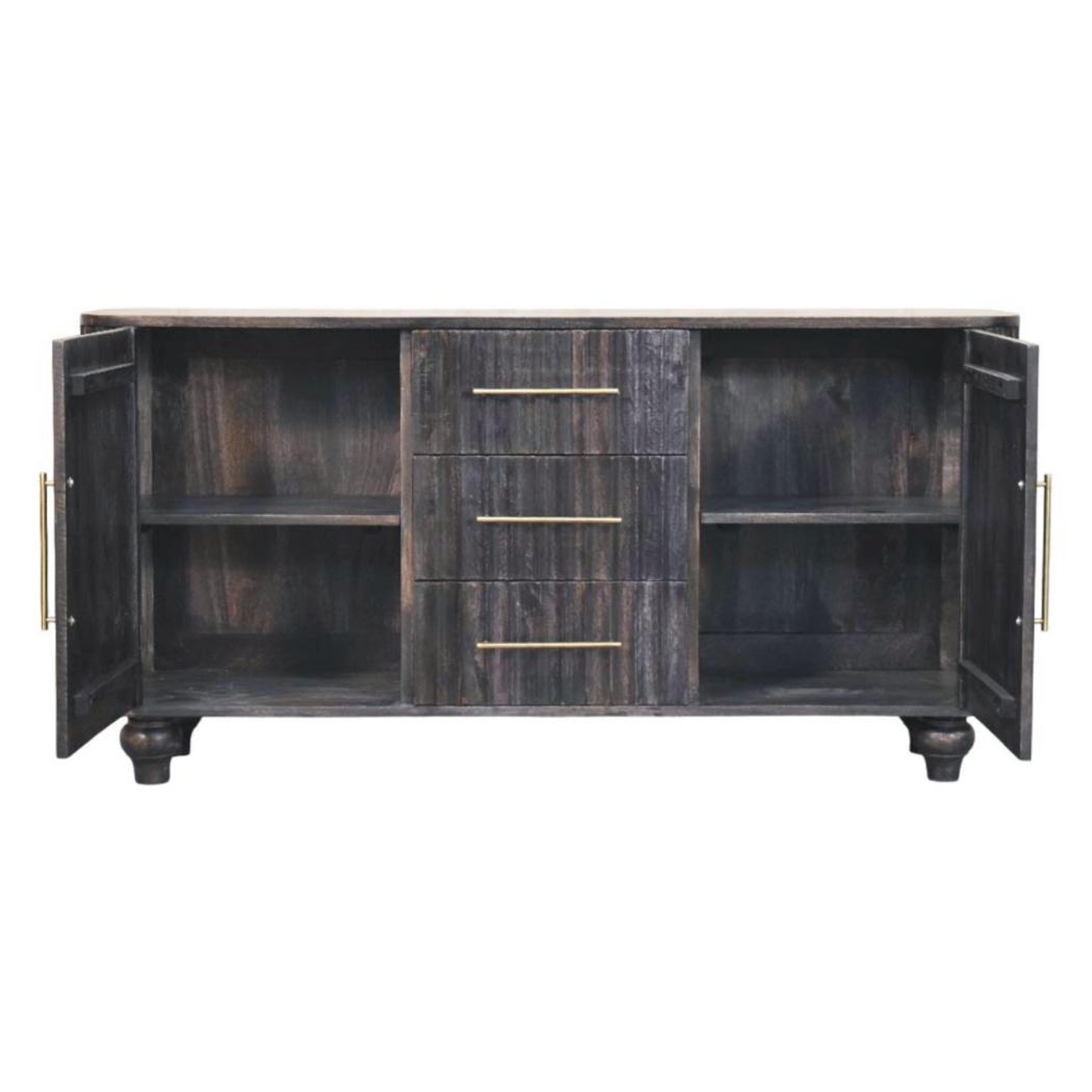 Savoy Sideboard | Solid Mango Wood | Carbon Ash Finish | 2 Door Buffet Cabinet with 3 Drawers