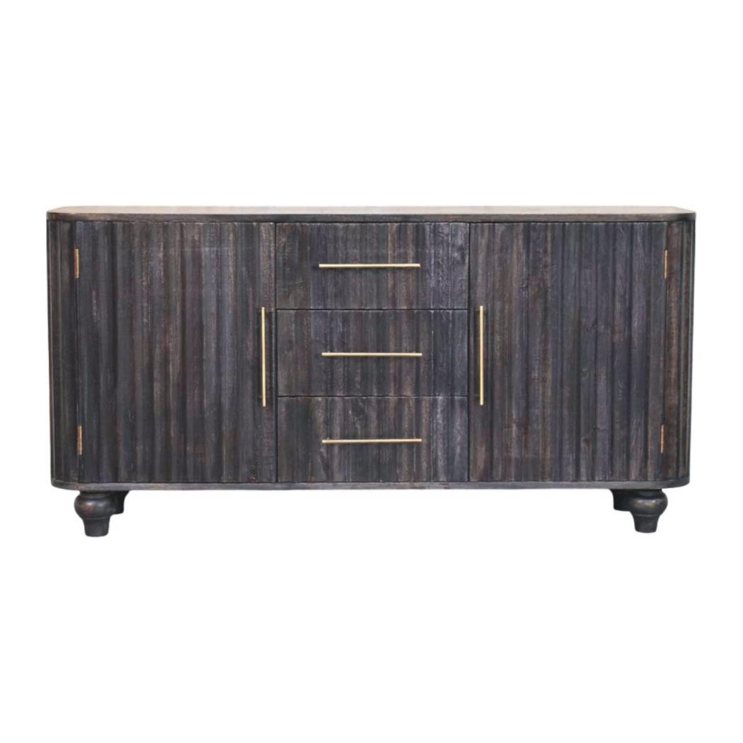 Savoy Sideboard | Solid Mango Wood | Carbon Ash Finish | 2 Door Buffet Cabinet with 3 Drawers