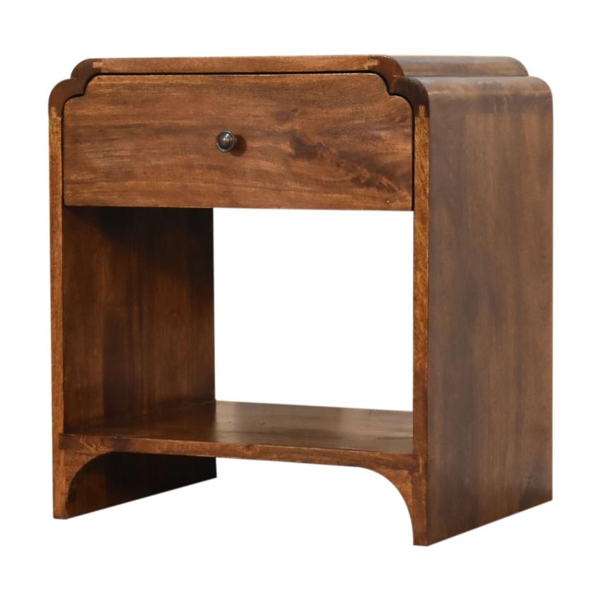 Scalloped Bedside Table with Shelf | Solid Mango Wood | Chestnut Finish