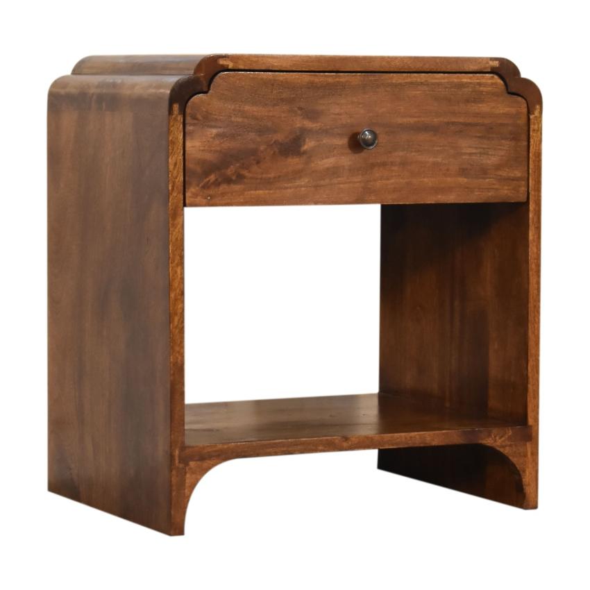 Scalloped Bedside Table with Shelf | Solid Mango Wood | Chestnut Finish
