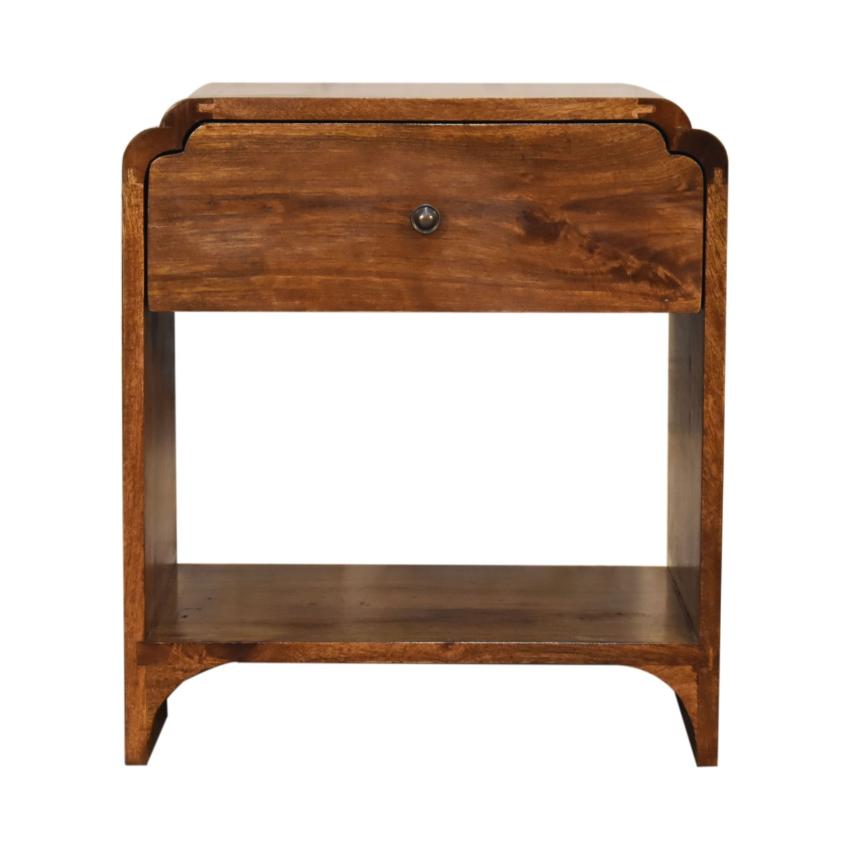 Scalloped Bedside Table with Shelf | Solid Mango Wood | Chestnut Finish