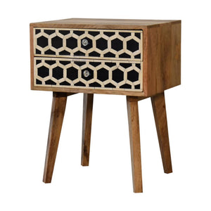 Scandi Bone Inlay Bedside Table | Solid Mango Wood | Oak Finish | 2 Drawers