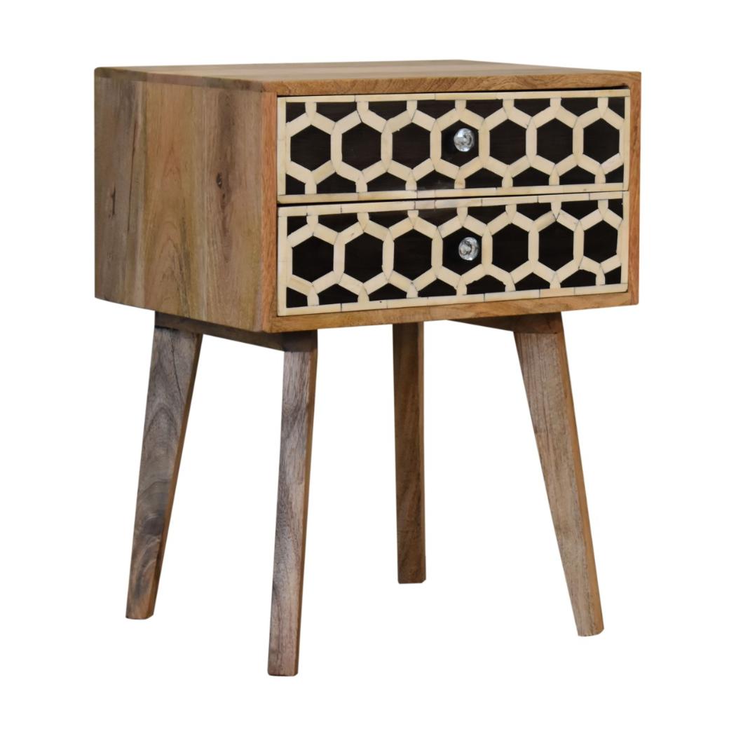 Scandi Bone Inlay Bedside Table | Solid Mango Wood | Oak Finish | 2 Drawers