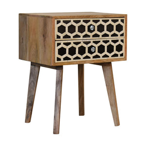 Scandi Bone Inlay Bedside Table | Solid Mango Wood | Oak Finish | 2 Drawers