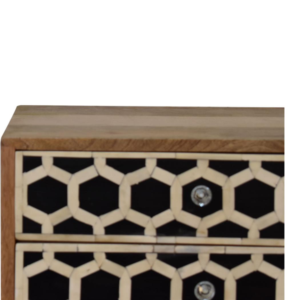 Scandi Bone Inlay Bedside Table | Solid Mango Wood | Oak Finish | 2 Drawers