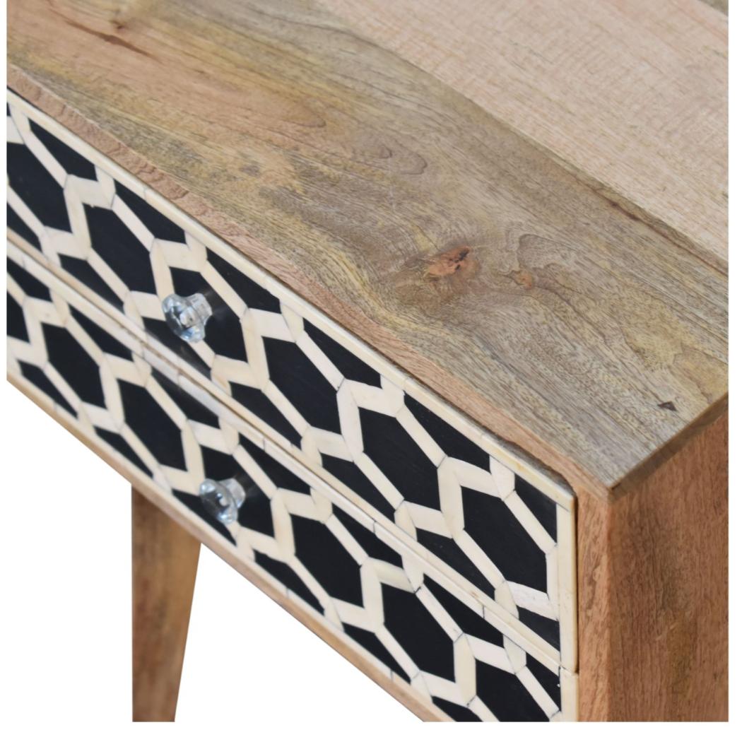 Scandi Bone Inlay Bedside Table | Solid Mango Wood | Oak Finish | 2 Drawers