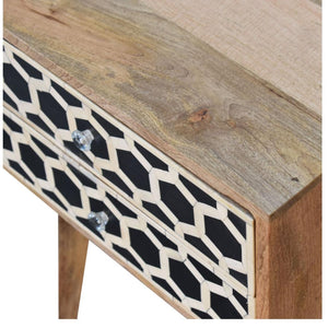 Scandi Bone Inlay Bedside Table | Solid Mango Wood | Oak Finish | 2 Drawers