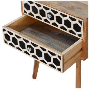 Scandi Bone Inlay Bedside Table | Solid Mango Wood | Oak Finish | 2 Drawers
