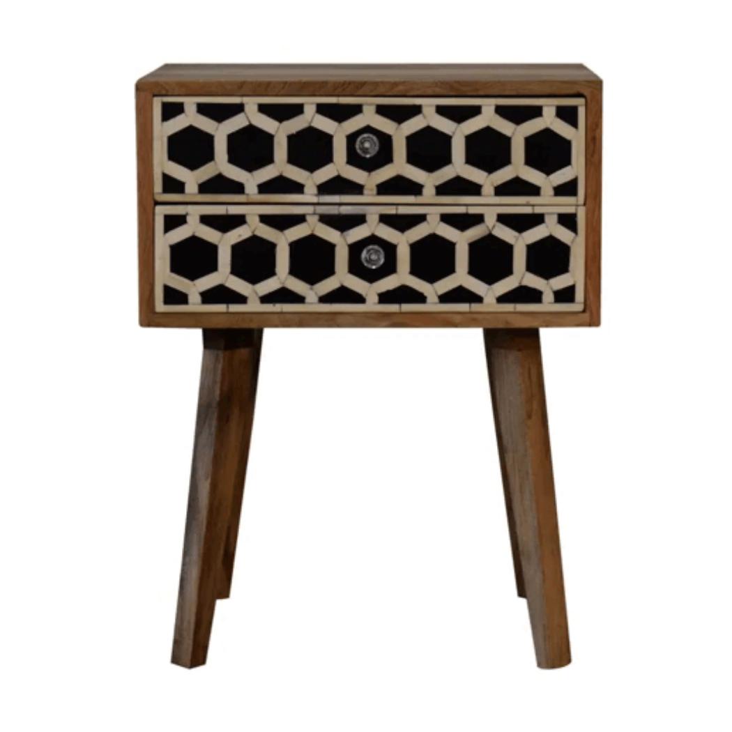 Scandi Bone Inlay Bedside Table | Solid Mango Wood | Oak Finish | 2 Drawers