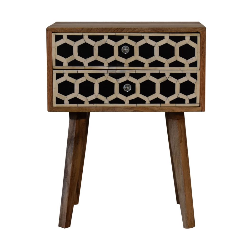 Scandi Bone Inlay Bedside Table | Solid Mango Wood | Oak Finish | 2 Drawers
