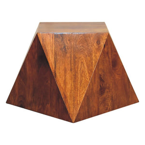 Sculpted Pyramid End Table | Solid Mango Wood | Chestnut Finish | Geometric Side Table