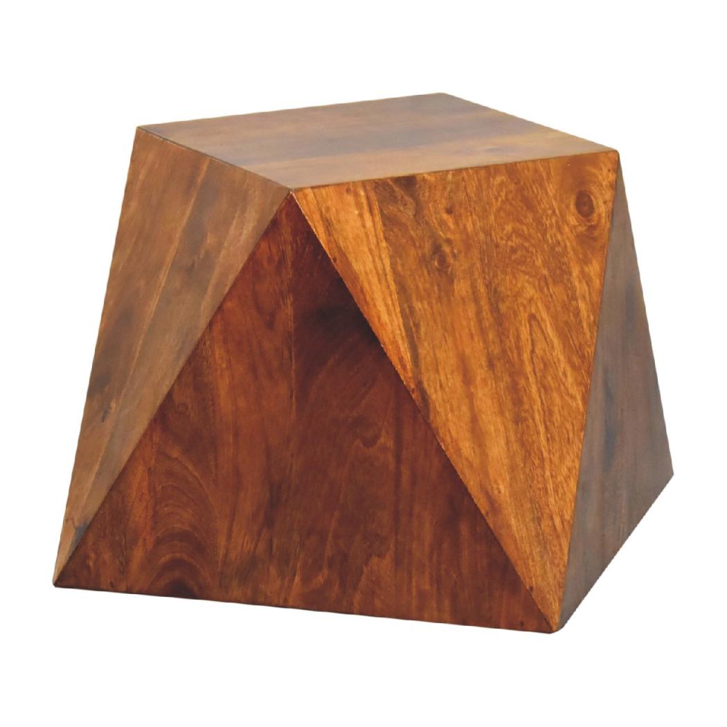 Sculpted Pyramid End Table | Solid Mango Wood | Chestnut Finish | Geometric Side Table