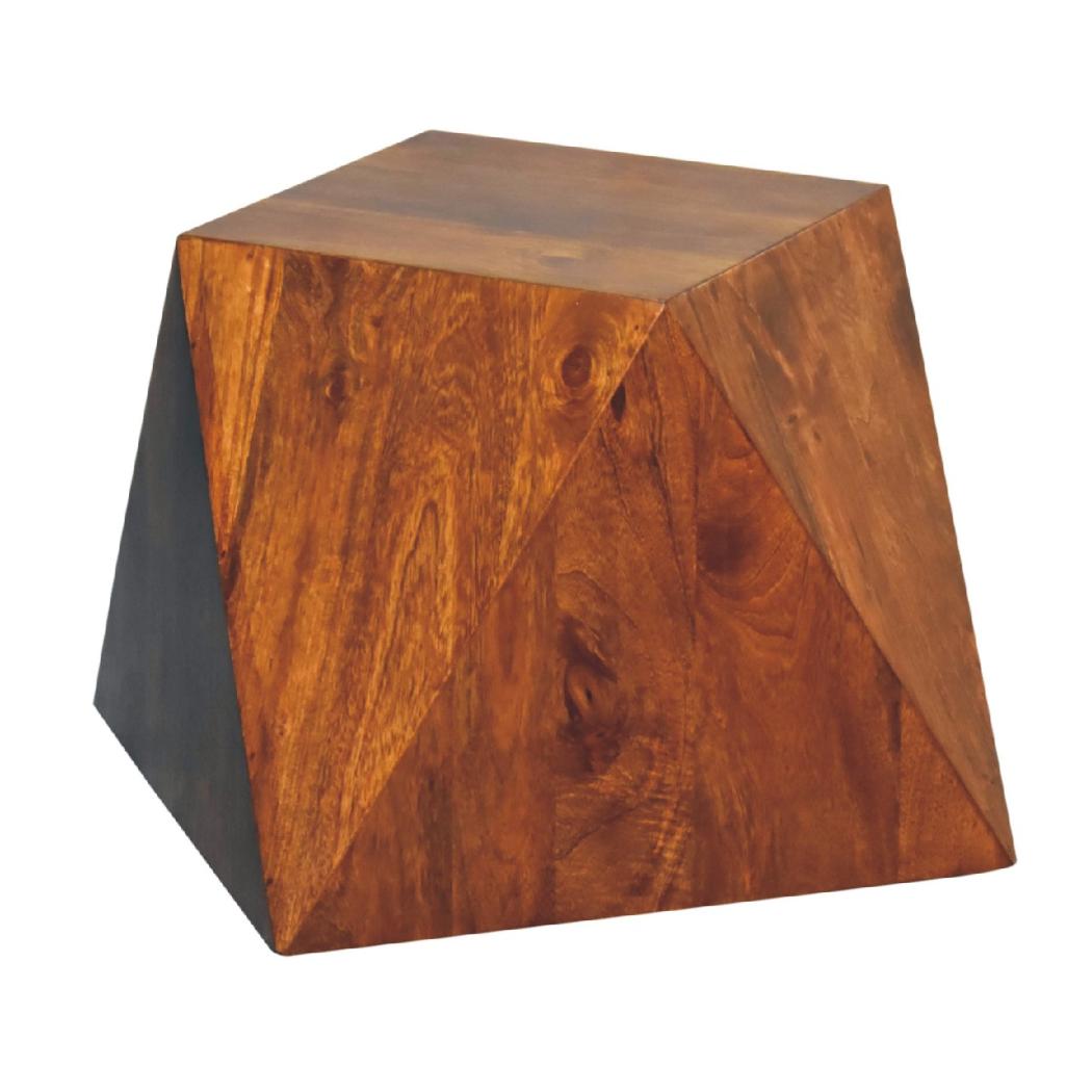 Sculpted Pyramid End Table | Solid Mango Wood | Chestnut Finish | Geometric Side Table