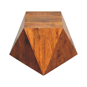Sculpted Pyramid End Table | Solid Mango Wood | Chestnut Finish | Geometric Side Table