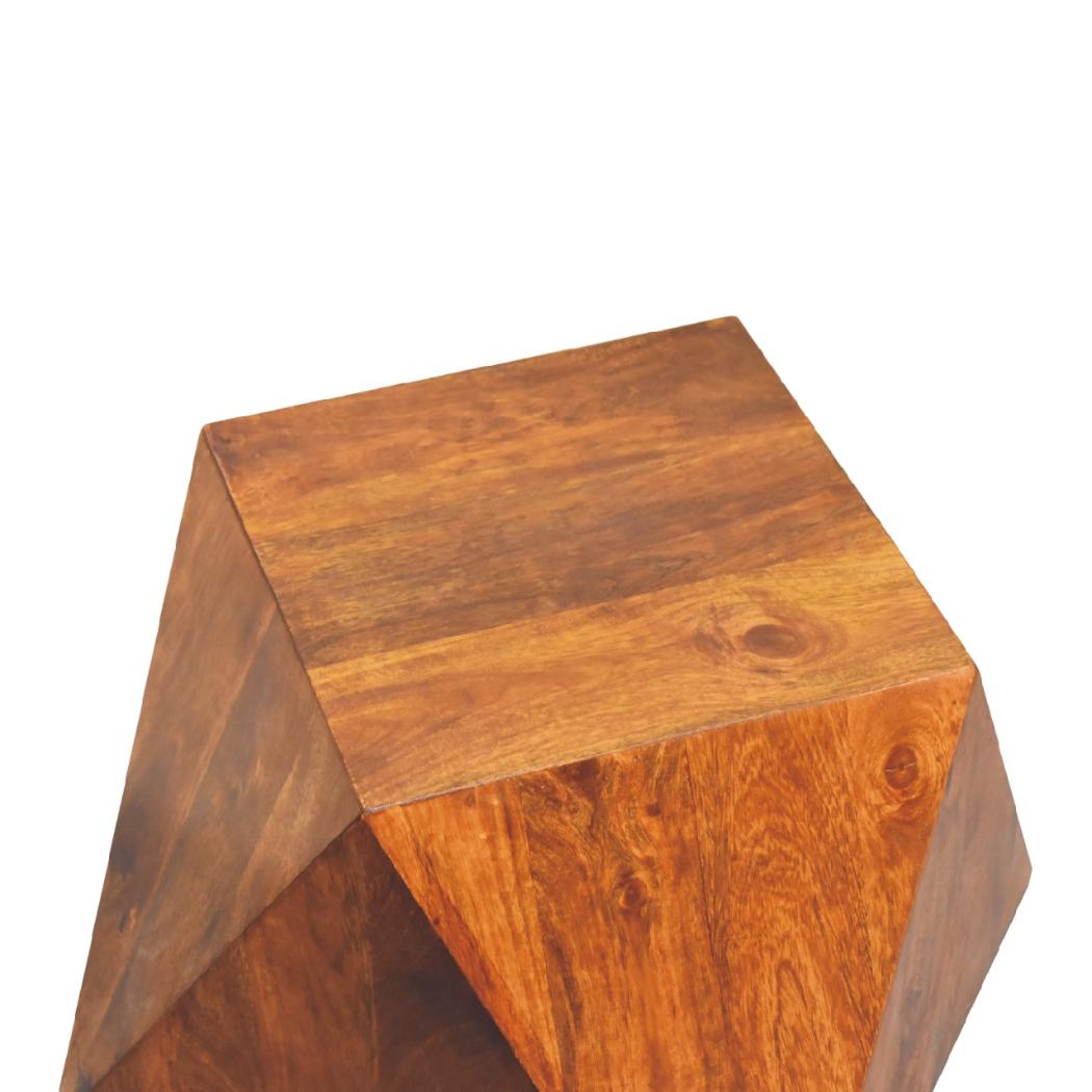 Sculpted Pyramid End Table | Solid Mango Wood | Chestnut Finish | Geometric Side Table