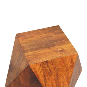 Sculpted Pyramid End Table | Solid Mango Wood | Chestnut Finish | Geometric Side Table