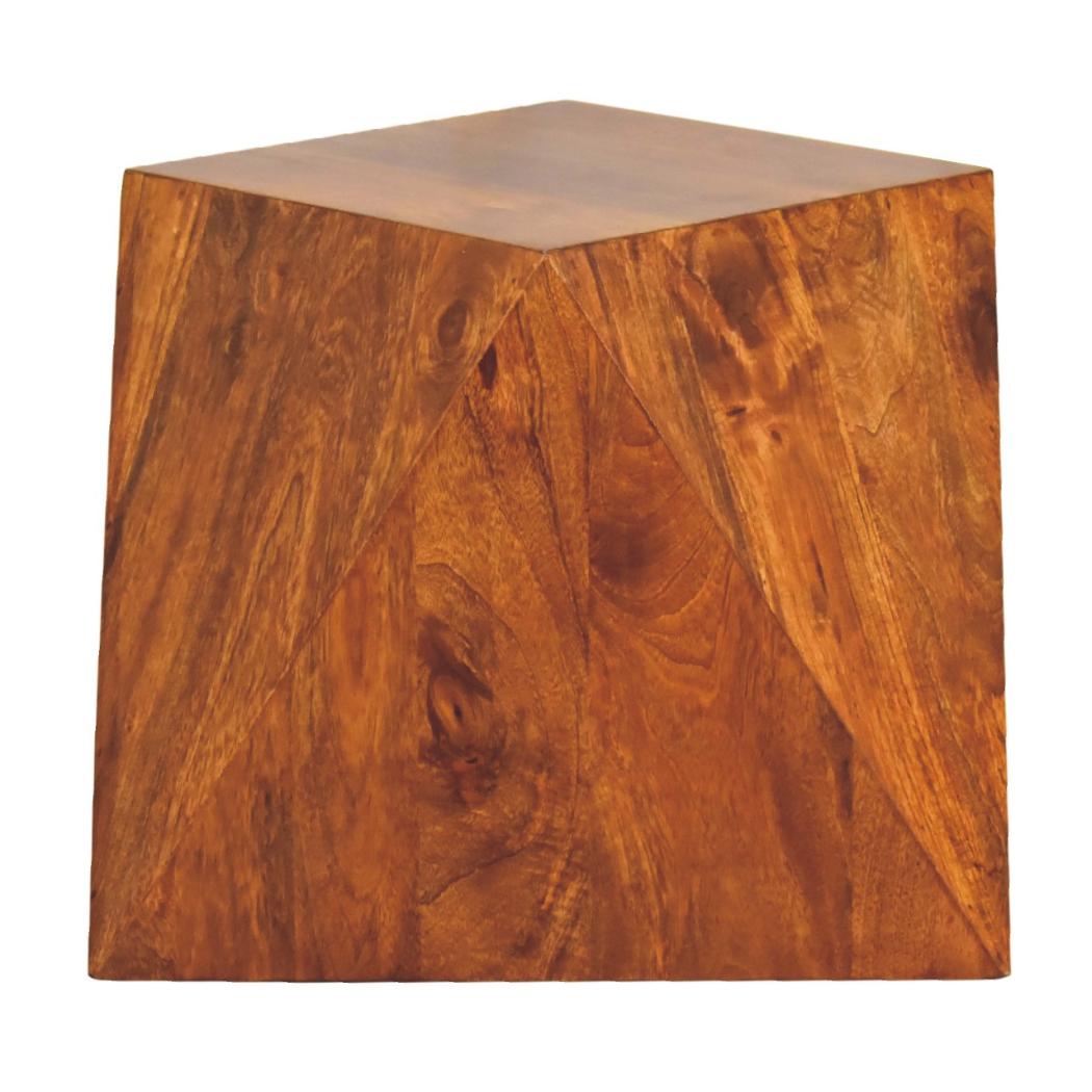 Sculpted Pyramid End Table | Solid Mango Wood | Chestnut Finish | Geometric Side Table