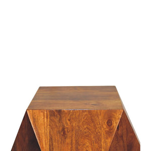 Sculpted Pyramid End Table | Solid Mango Wood | Chestnut Finish | Geometric Side Table
