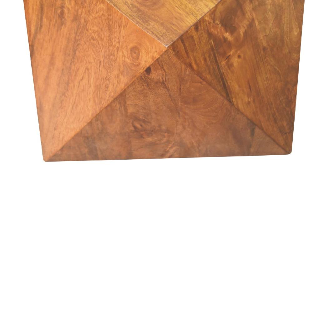 Sculpted Pyramid End Table | Solid Mango Wood | Chestnut Finish | Geometric Side Table