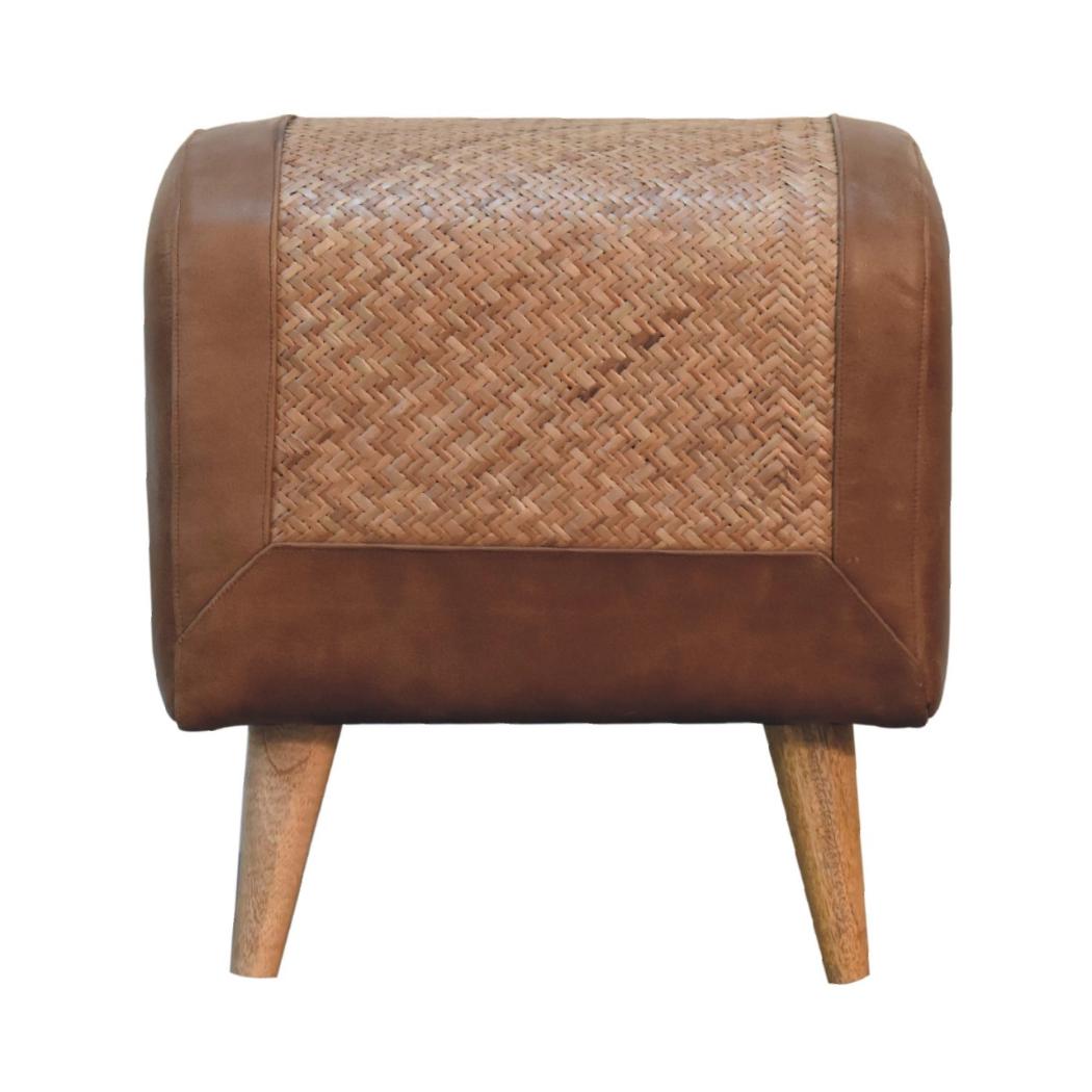Seagrass & Buffalo Leather Square Footstool | Natural Texture Ottoman | Accent Seating
